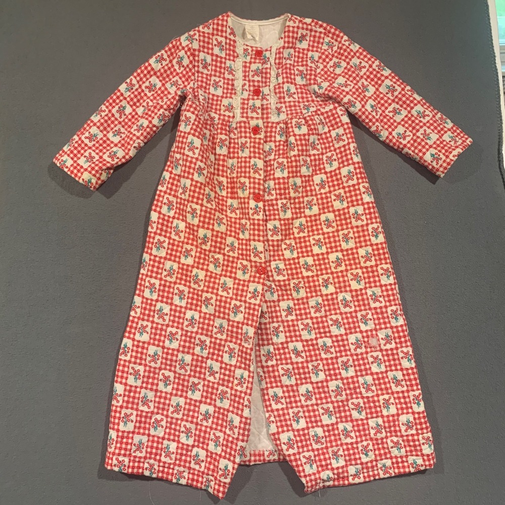 Atkins Quilted Robe Kids Size 10 Red Gingham Floral Vintage Lace Trim Pajamas